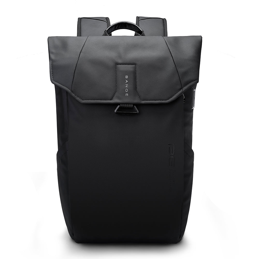 Front view of black BANGE backpack with flap closure, top handle, and sleek water-resistant finish.