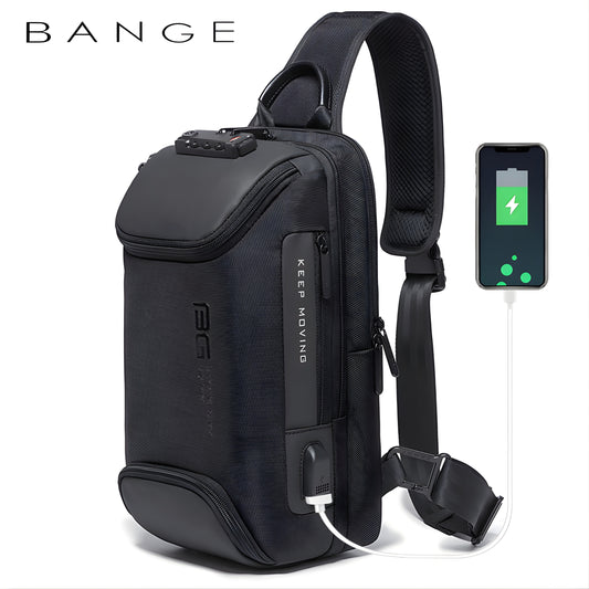 BANGE black anti-theft sling bag with TSA lock and USB charging port for travel