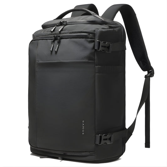 BANGE dark black expandable travel backpack with top zipper and side carry handle