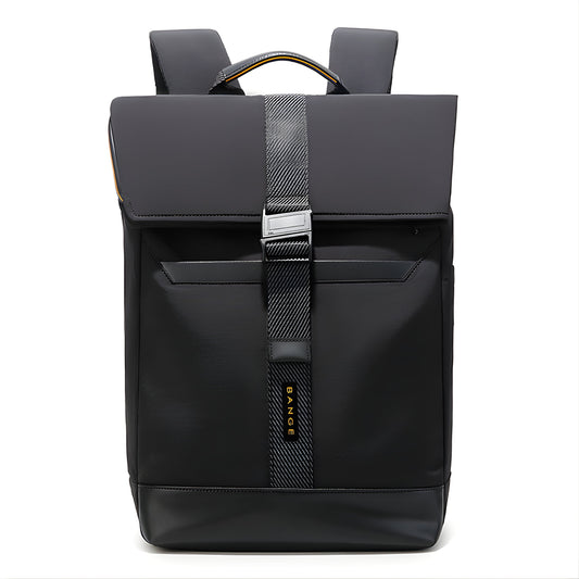 BANGE black leather business backpack with woven strap detail and top carry handle
