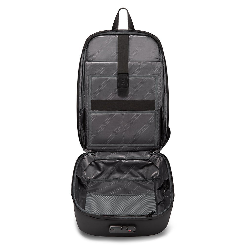 Open black backpack with spacious interior, padded laptop sleeves, mesh pocket, and TSA lock.