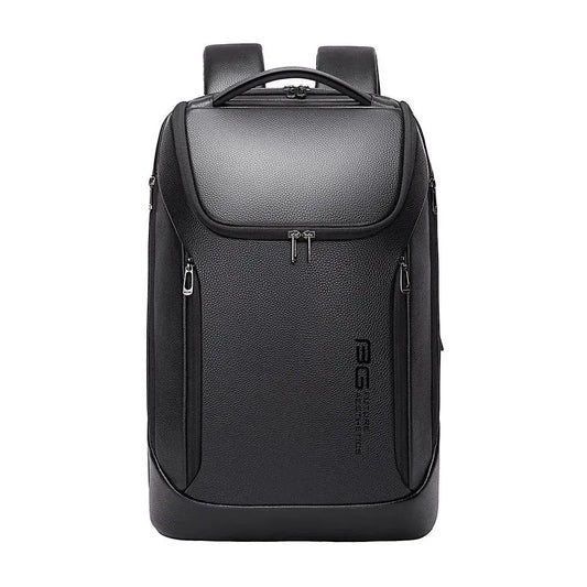 Front view of the BANGE 6623 leather anti-theft laptop backpack featuring a sleek minimalist design, textured leather finish, secure zippers, and a top handle on a white background