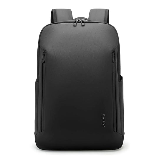 Front view of black BANGE BG-3057 Rynex backpack with compact minimalist design, smooth waterproof exterior, and padded shoulder straps