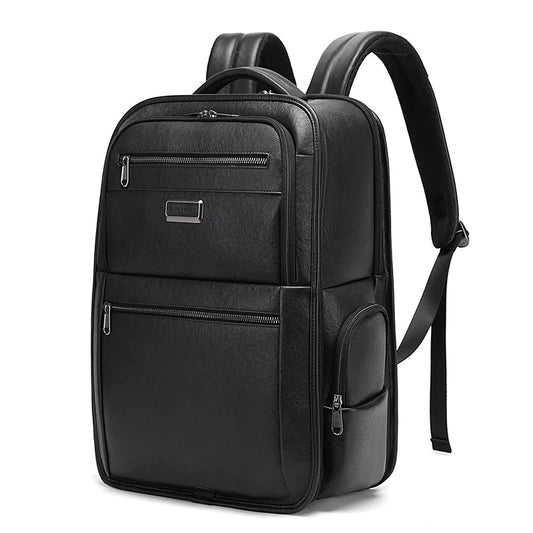 Front view of the BANGE BG-6626 leather business backpack featuring multiple zippered compartments, structured design, padded shoulder straps, and a sleek professional look on a white background