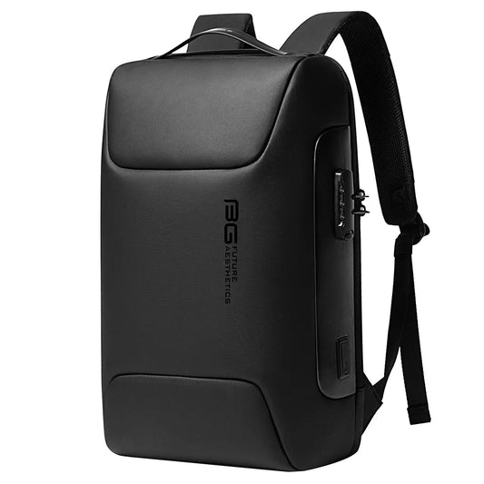 Front angled view of the BANGE BG-7216 Plus anti-theft backpack, featuring a sleek minimalist design, secure lock system, and durable waterproof material for business and travel use