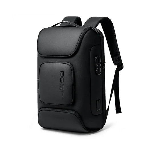 Front view of the BANGE BG-7216 Plus anti-theft backpack, featuring a sleek hard-shell design, secure lock system, and modern black finish for business travel and daily commuting