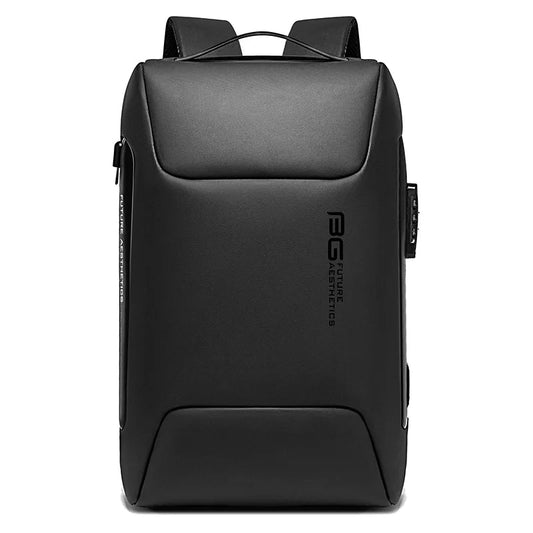 Front view of the BANGE BG-7216 Plus anti-theft backpack with minimalist black design, visible BANGE branding, secure lock system, and waterproof material on a white background