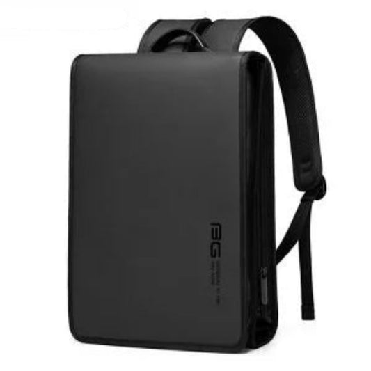 Side view of black BANGE BG-7252 slim backpack showing minimalist hard-shell design, padded shoulder straps, and vertical logo on a white background