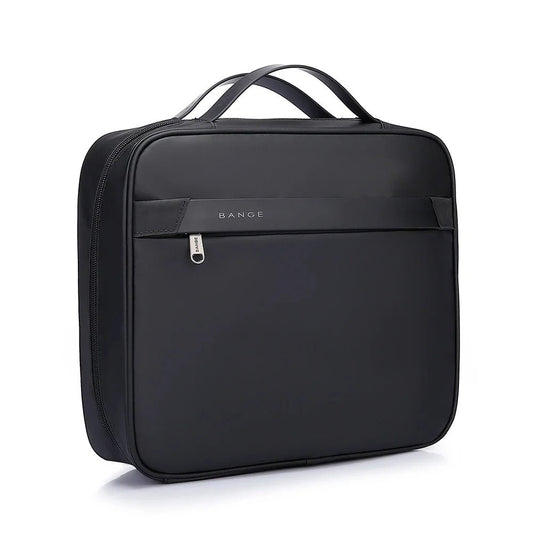 Front view of black BANGE BG-7529 travel garment bag with square structured design, top carry handles, and front zipper pocket on a white background