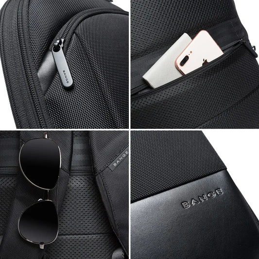 detail collage of black BANGE BG-77115 Ontra backpack showing zipper quality, quick-access pocket, breathable padding, and branded front panel