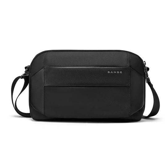 Front view of black BANGE BG-7717 Syren crossbody bag with slim rectangular shape, front pocket panel, and adjustable shoulder strap