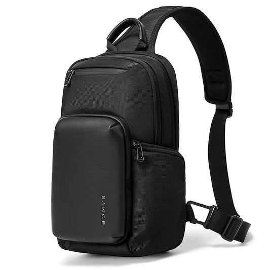 Front view of black BANGE BG-7718 Cyvox sling bag with compact design, zippered pockets, and padded single shoulder strap