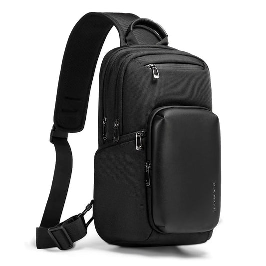 Side view of black BANGE BG-7718 Cyvox sling bag with adjustable shoulder strap, zippered compartments, and compact urban design
