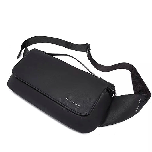 Angled view of black BANGE BG-77202 crossbody sling bag showing compact shape, adjustable strap, and structured design