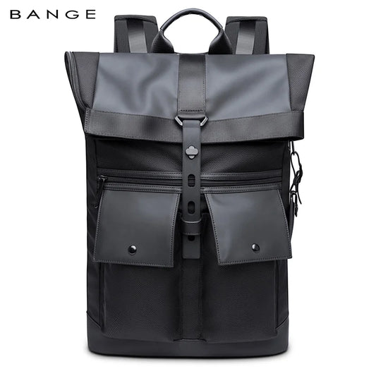 Front view of the BANGE BG-G65 roll-top backpack with buckle closure, front zip pocket, and structured design on a white background