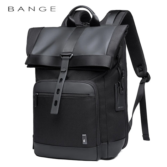 Angled front view of the BANGE BG-G66 roll-top backpack with buckle strap and front zip pocket on a white background