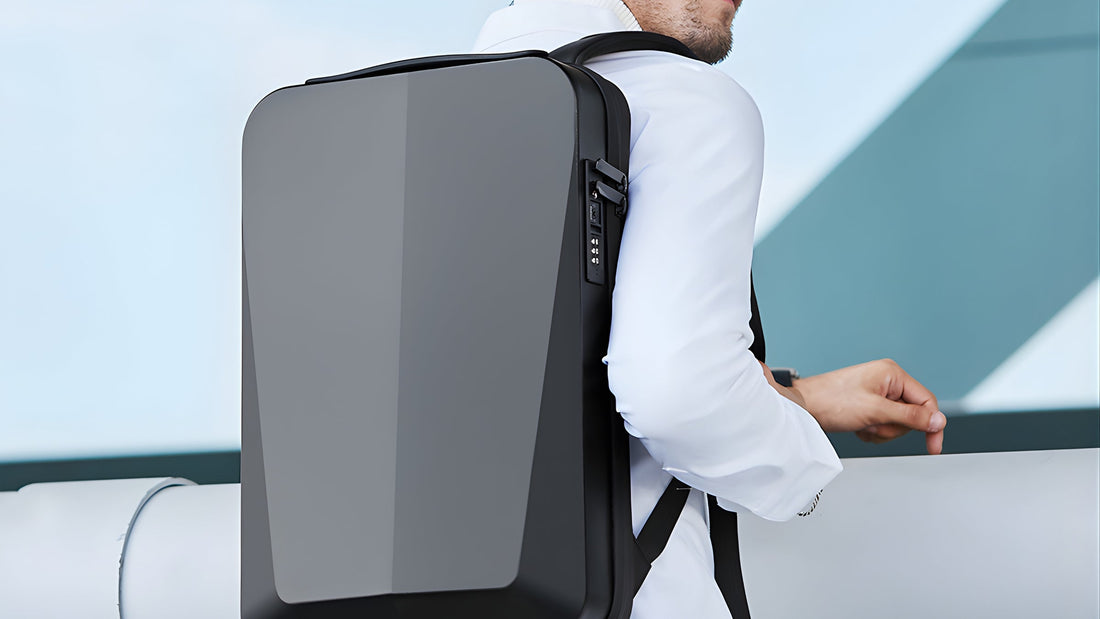 Man wearing a black BANGE Leila 22201 hard shell backpack, seen from behind at a railing