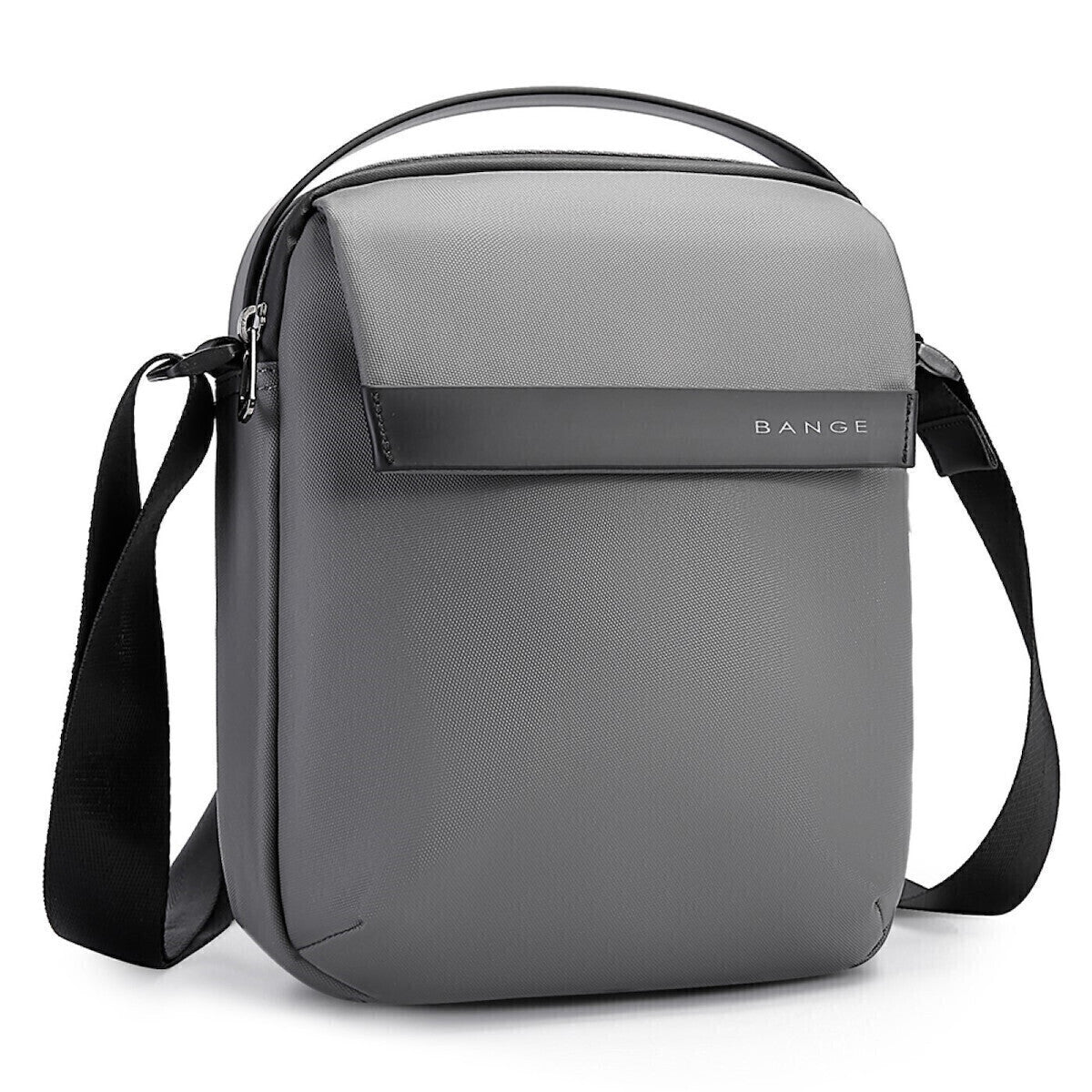 Angled view of Nytra BANGE 2876 gray sling bag featuring smooth Oxford cloth and ergonomic shoulder strap.