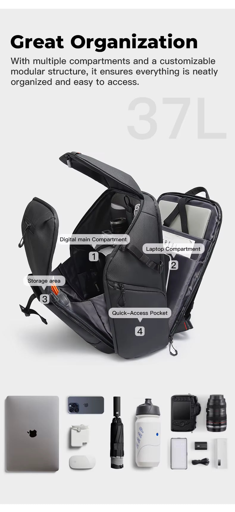 BANGE BG-XJ327 Waterproof Camera Backpack — angled view