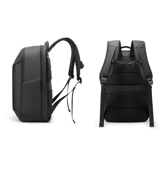 Rynex BANGE BG-3057 front and side, sleek and low-profile backpack, scratch-resistant, with organized compartments for daily commuting and travel