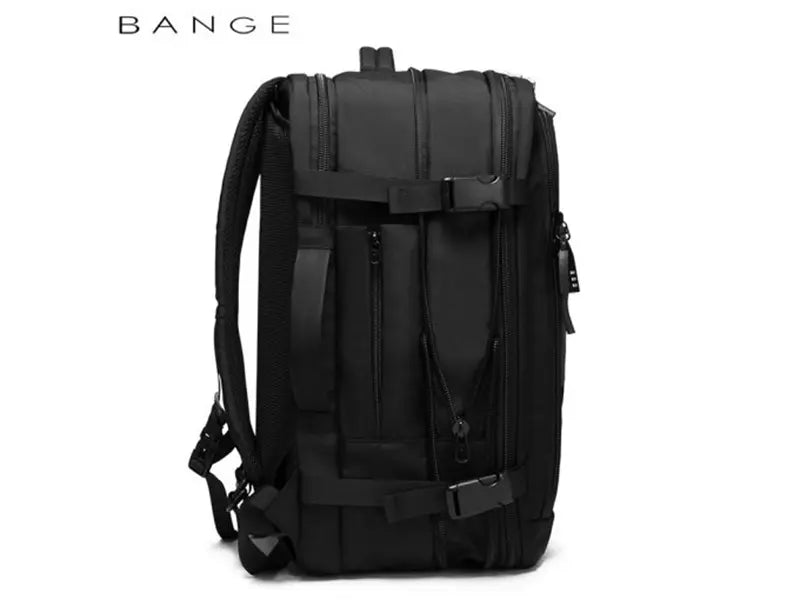 Tenra BANGE BG-22039 black backpack side view with ergonomic shoulder straps, compact design, includes rain cover, ideal for daily commuting and work