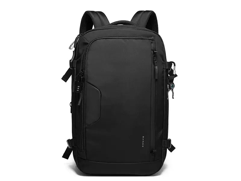 Tenra BANGE BG-22039 black backpack, front view with zipper pockets, stylish and durable design for everyday use