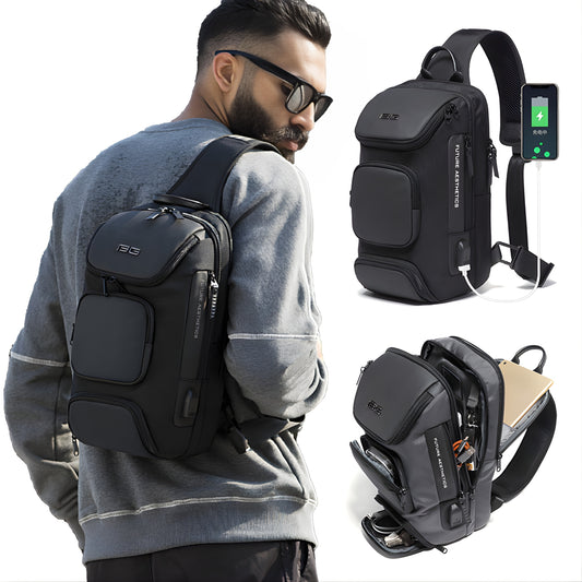 Man wearing BANGE black anti-theft backpack with USB charging port shown from multiple angles