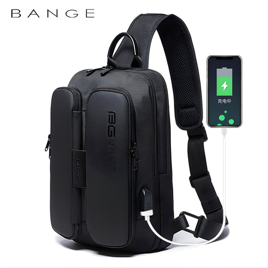 BANGE black waterproof sling crossbody bag with USB charging port and padded shoulder strap