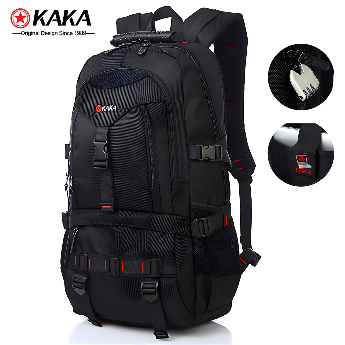 KAKA black large capacity hiking backpack with TSA lock and compression straps for travel
