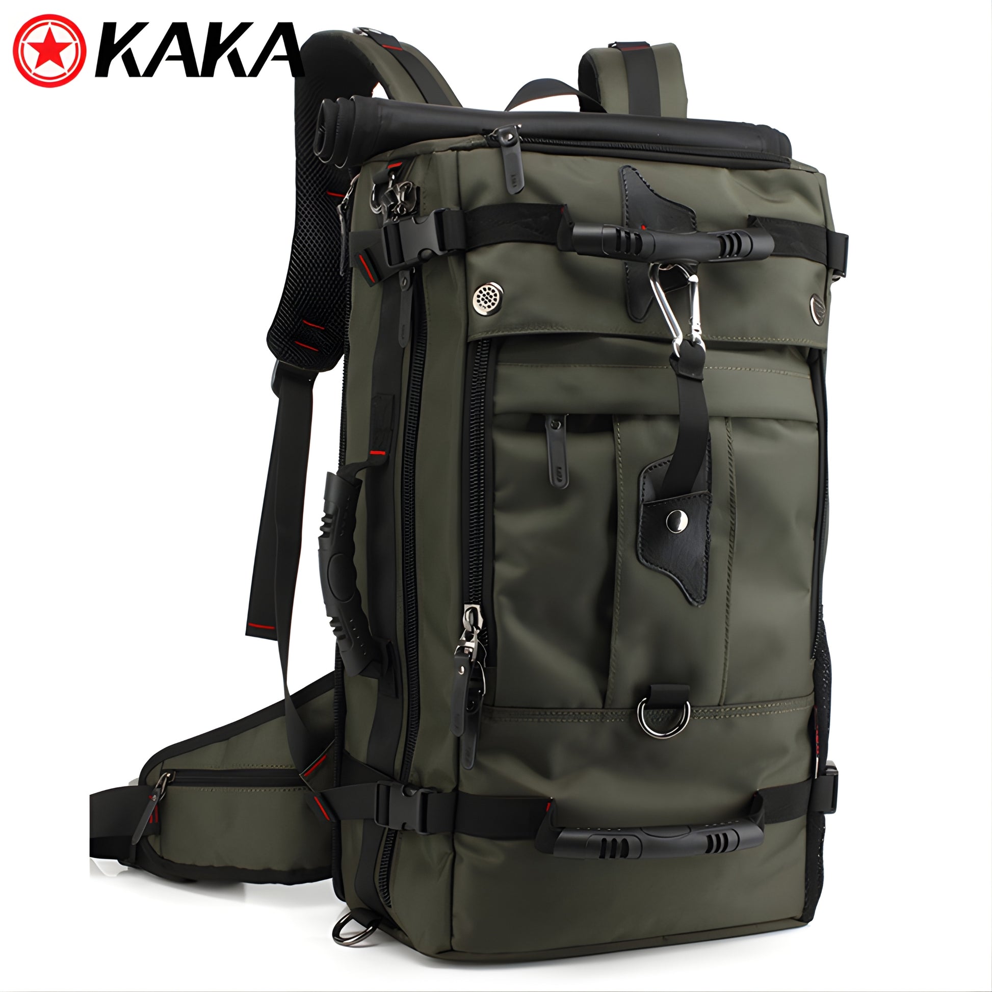 KAKA green expandable travel backpack with roll-top closure, multiple straps and carabiner clips