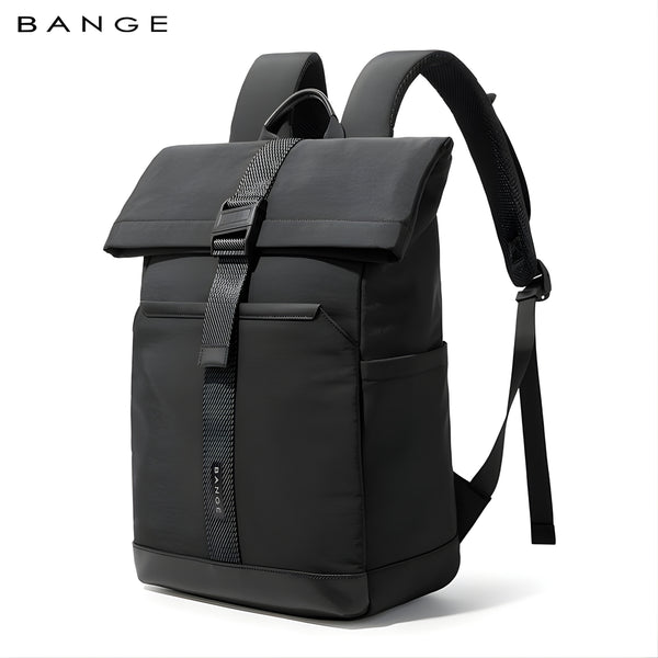 BANGE black waterproof roll-top backpack with woven strap and padded shoulder straps