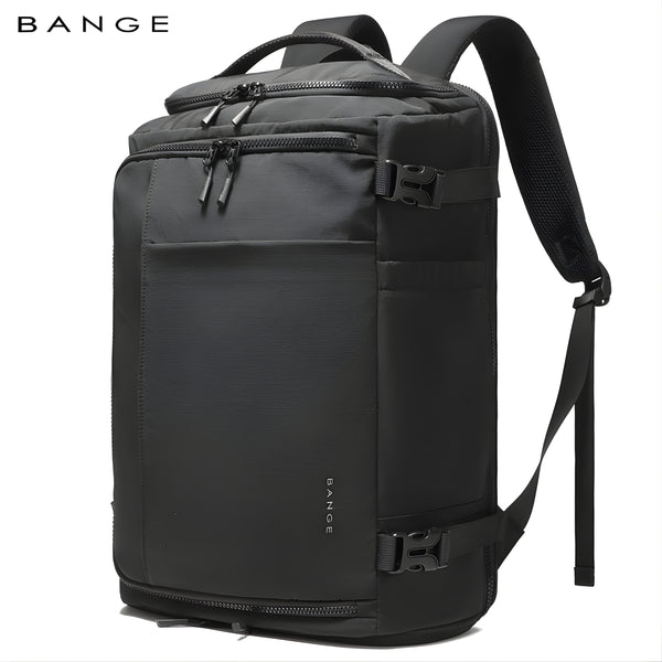 BANGE dark black expandable travel backpack with top zipper and side carry handle