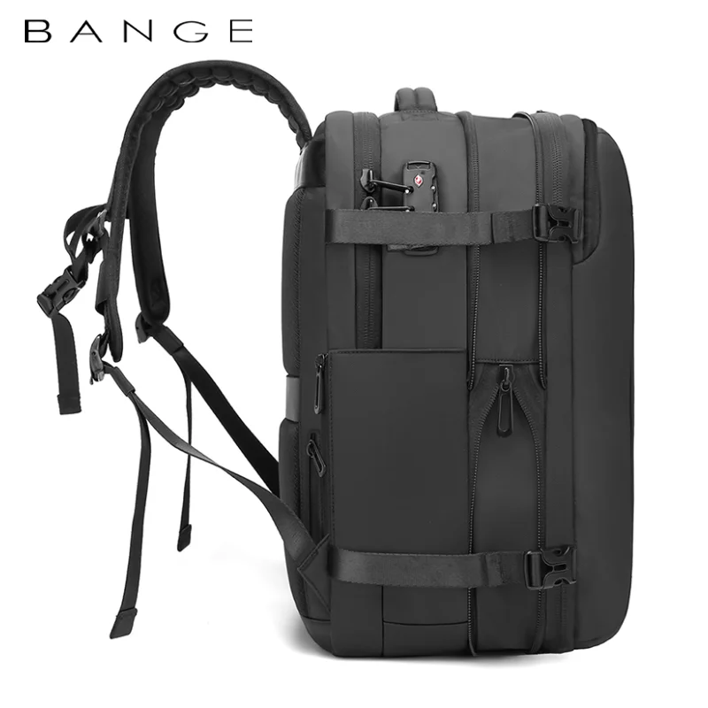 Angled side view of BANGE 1909-8 model expandable travel backpack with compression straps, reinforced structure, and padded shoulder straps
