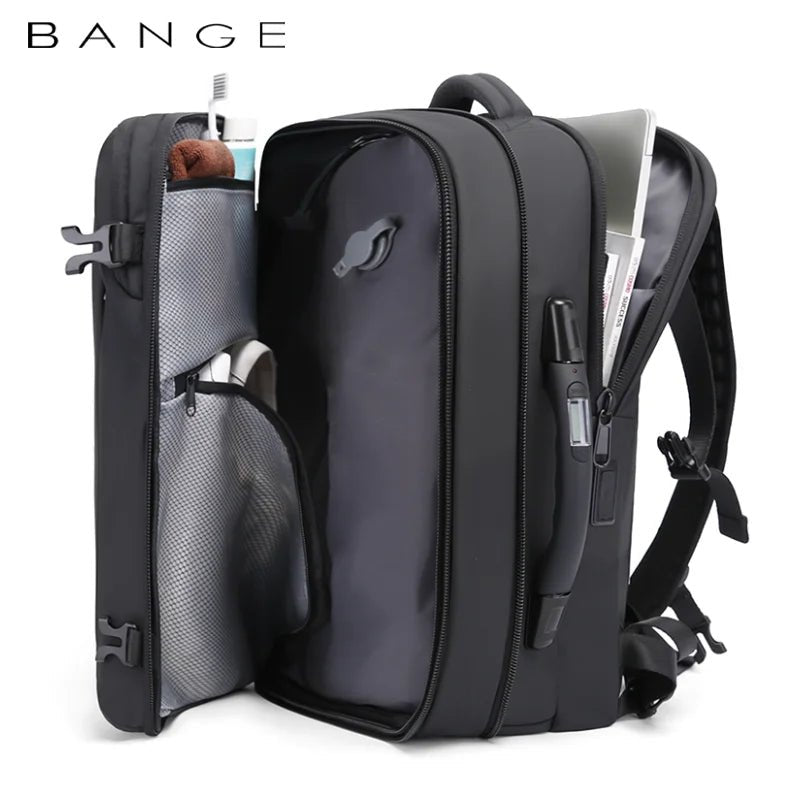 Open view of BANGE 1909-8 model expandable travel backpack showing multi-compartment interior, organized storage, and built-in lock