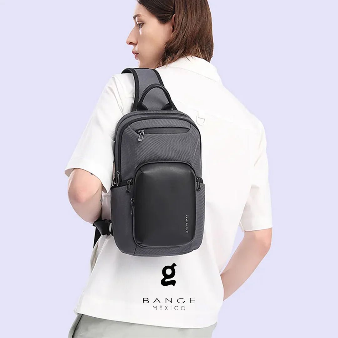 Cyvox BANGE BG‑7718 gray sling bag worn across body outdoors, ergonomic strap and compact design, ideal for commuting, travel, and casual use