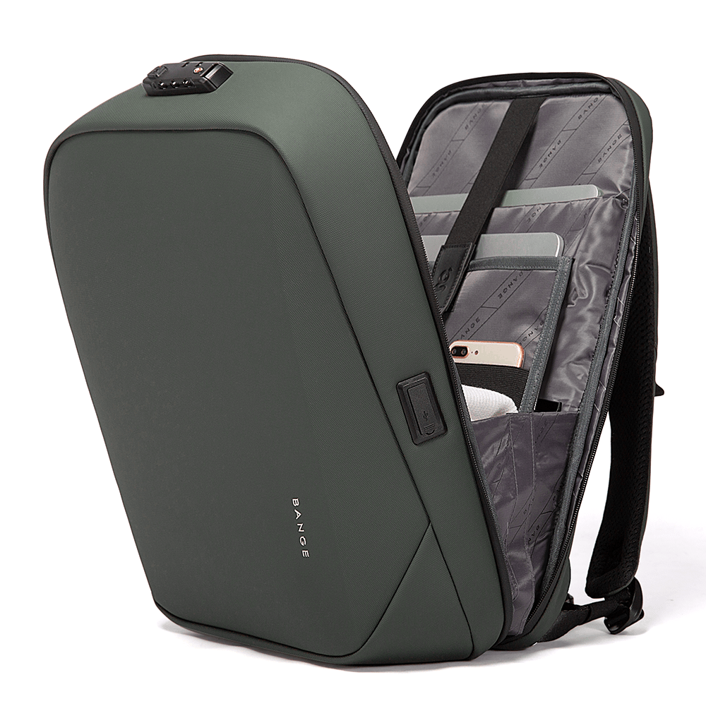 Open green BANGE backpack with TSA lock, USB port, and organized storage for laptop and gadgets.