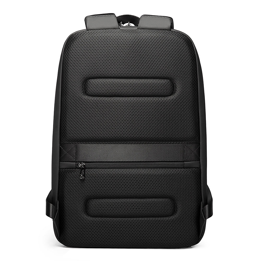 Rear view of black anti-theft backpack with breathable padded back, hidden zipper pocket, and luggage strap.
