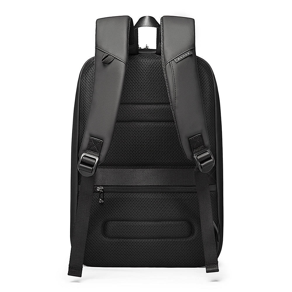 Black backpack back view with padded straps, mesh panel, and hidden zippered anti-theft pocket.