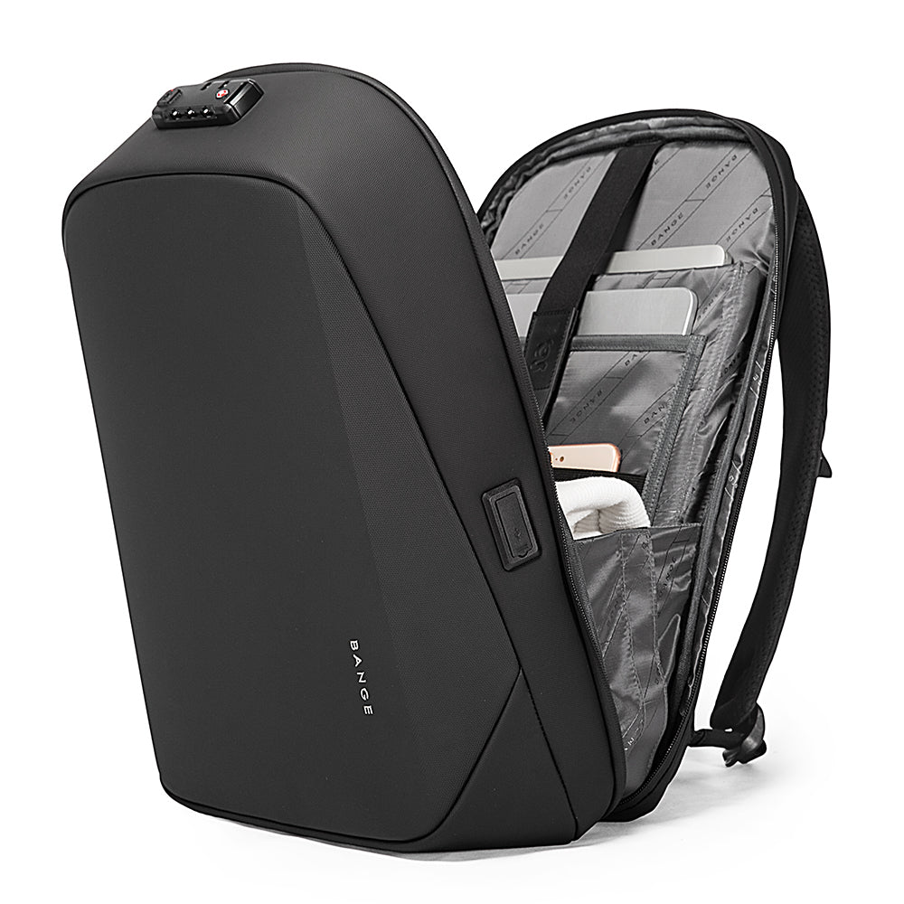 Black anti-theft backpack with TSA lock, USB port, and organized laptop and gadget compartments.