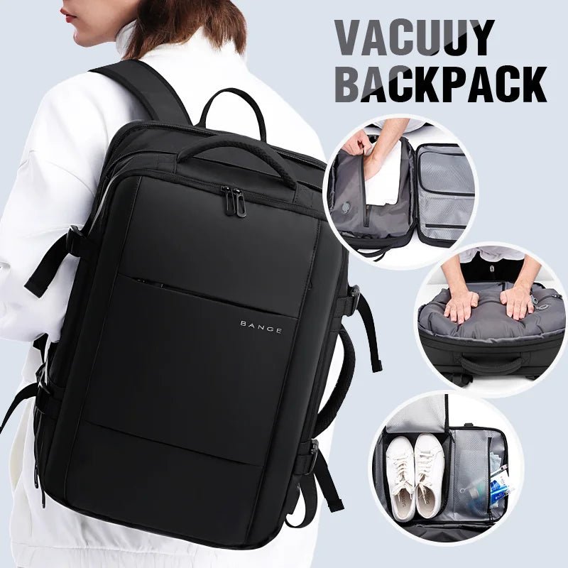 Caren-3028 black expandable backpack for travel detailed with organization and vacuum feature