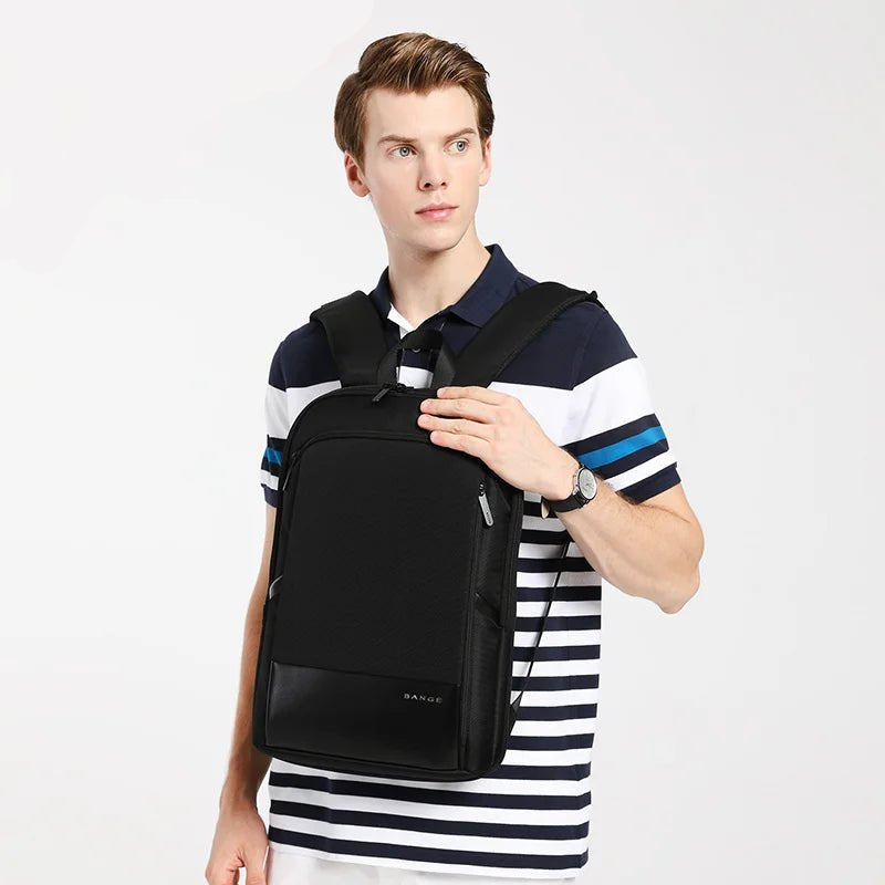 Ontra-BANGE BG-77115 lifestyle shot, sleek and functional backpack, spacious compartments and durable material for urban professionals and modern travelers
