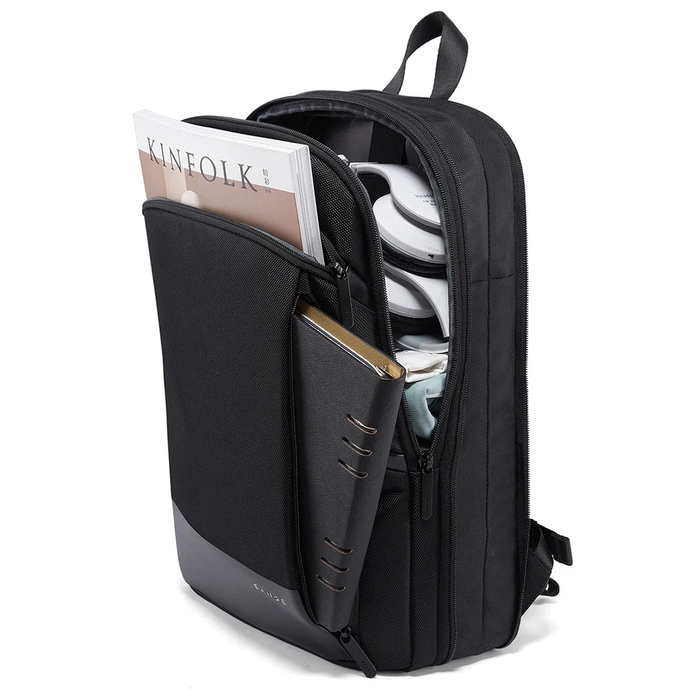 Ontra-BANGE BG-77115 backpack open view, spacious interior with multiple compartments for laptop, tablet, and accessories, organized and practical for professionals