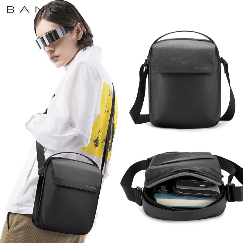 Nytra BANGE 2876 black crossbody bag shown in multiple angles and open view, emphasizing storage and modern design.