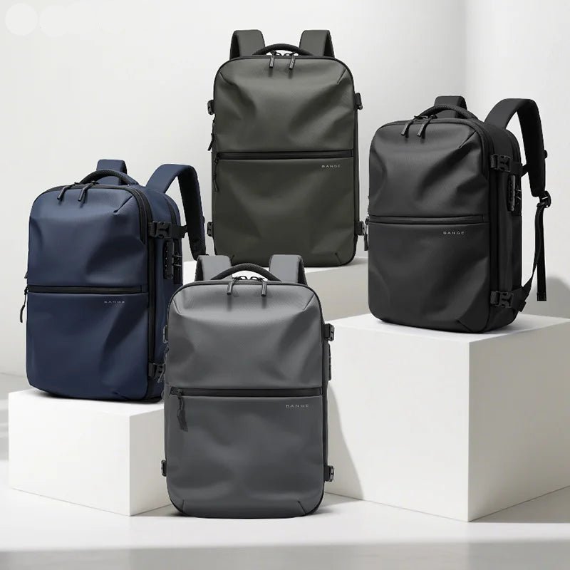 Aurex backpack collection in black, green, gray, and blue colors displayed on pedestals, showcasing versatile travel and commuter bags.