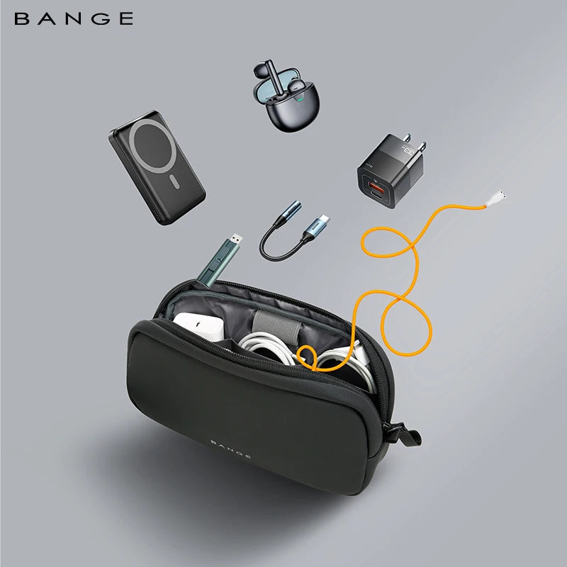 BANGE 3066 cable organizer pouch holding a power bank, earbuds, charger and cables