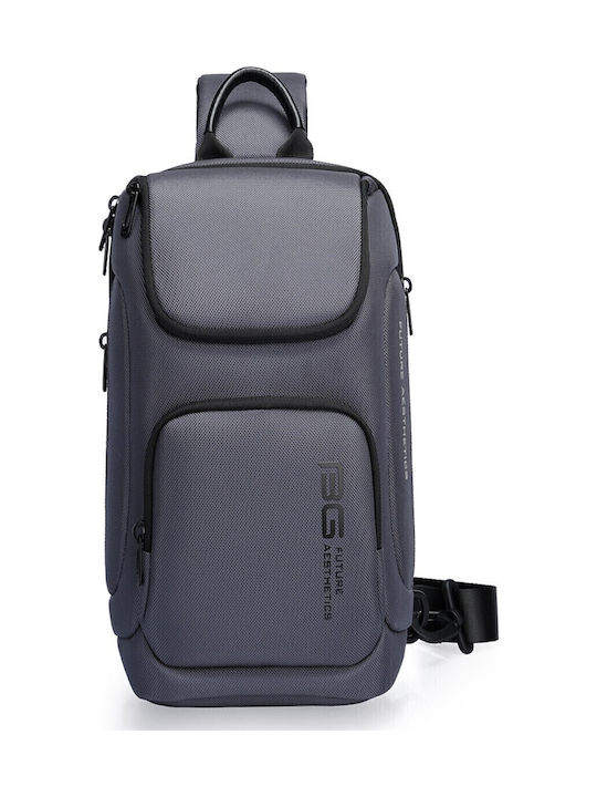 Bange brand 7565 A sleek, dark gray, rectangular crossbody bag multiple zippered compartments. 