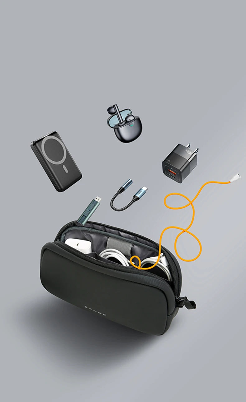 BANGE 3066 pouch with power bank, earbuds, charger and cables above it