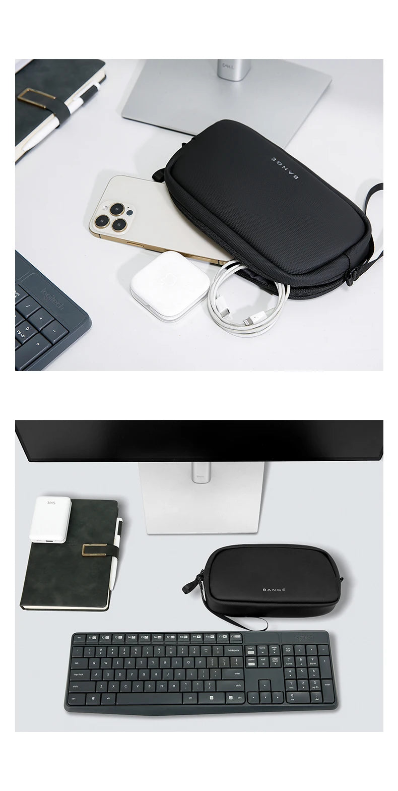 BANGE 3066 pouch on a desk with a phone, charger and keyboard
