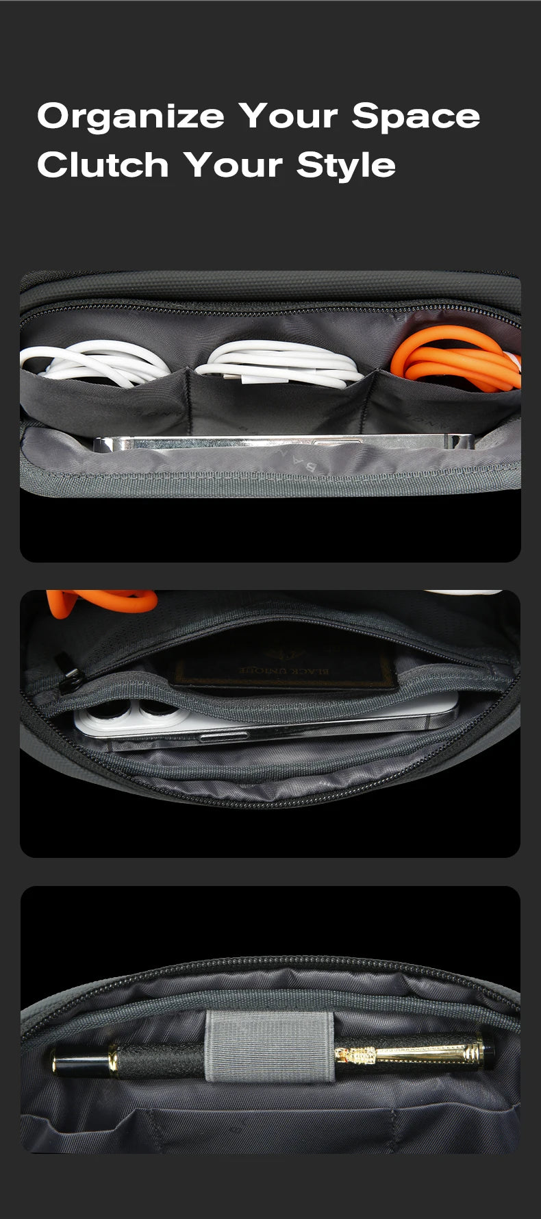 Close-up of the BANGE 3066 elastic cable slots, slip pocket and pen loop