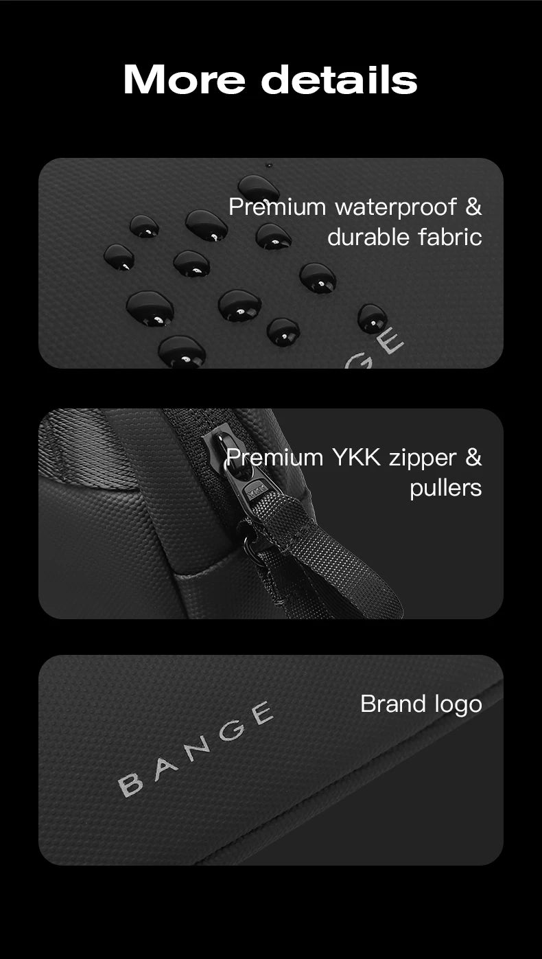 BANGE 3066 detail shots of the water-resistant fabric, YKK zipper and logo